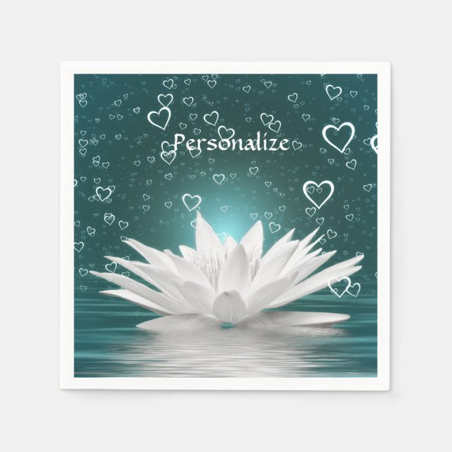 Romantic Zen White Lotus & Hearts Personalise Napkin (Front)