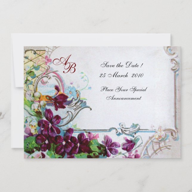 ROMANTICA  4 MONOGRAM Purple White Wedding Party Invitation (Front)