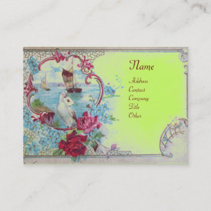 ROMANTICA,BLUE GREEN PINK FLORAL,DOVE Monogram Business Card