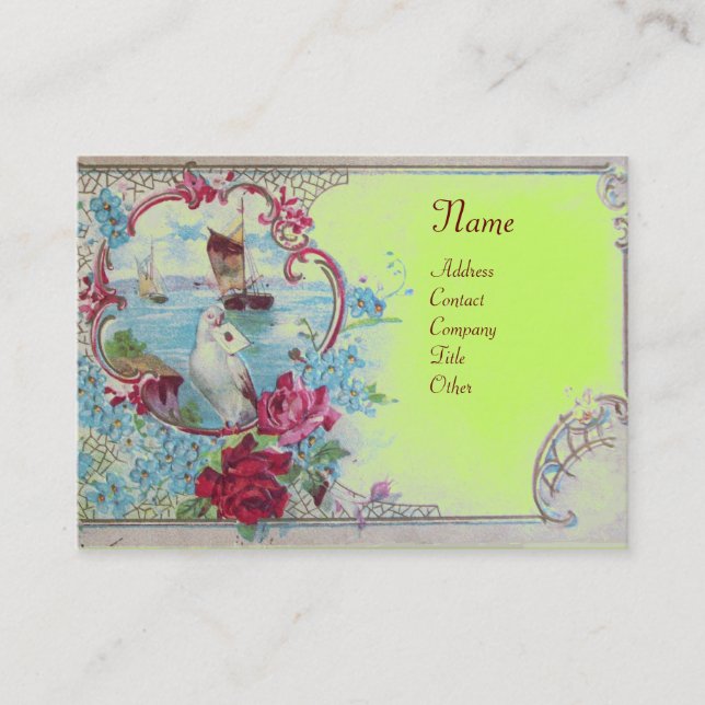 ROMANTICA,BLUE GREEN PINK FLORAL,DOVE Monogram Business Card (Front)