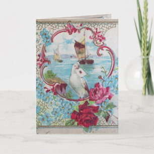 ROMANTICA,BLUE RED PINK FLORAL ROSES WHITE DOVE HOLIDAY CARD