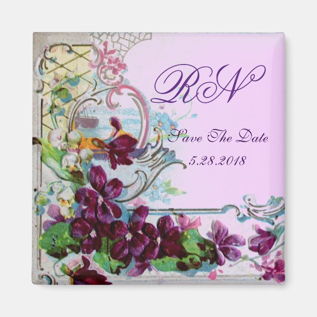 ROMANTICA Floral Swirls Purple Pansies Save Date Magnet (Front)