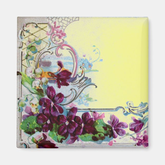 ROMANTICA Floral Swirls Purple Pansies Yellow Magnet (Front)