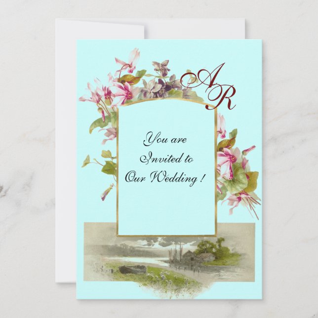 ROMANTİCA MONOGRAM / CYCLAMENS, pink green blue Invitation (Front)