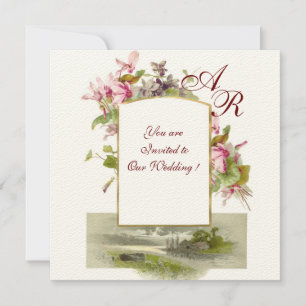 ROMANTİCA MONOGRAM /CYCLAMENS,pink green cream Invitation