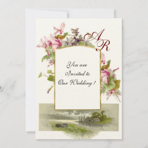 ROMANTİCA MONOGRAM /CYCLAMENS,pink green felt Invitation