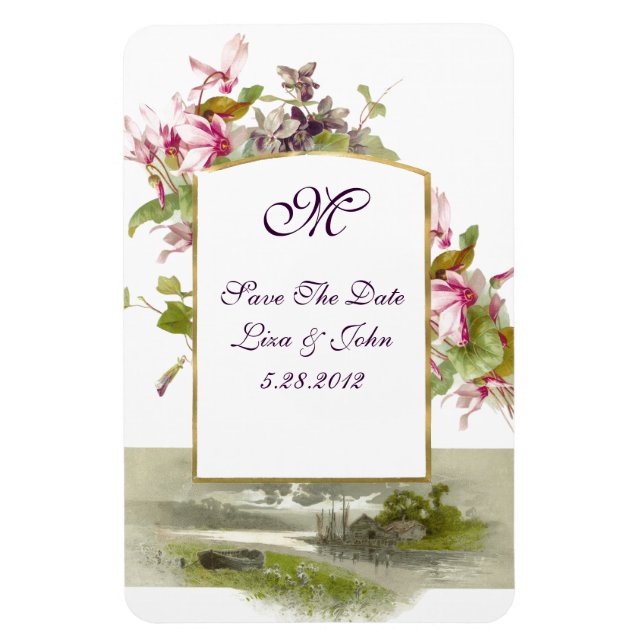 ROMANTİCA  MONOGRAM /CYCLAMENS,Save The Date,White Magnet (Vertical)