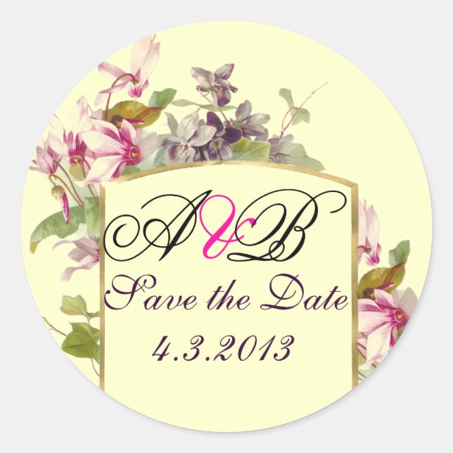 ROMANTİCA MONOGRAM / PINK CYCLAMENS SAVE THE DATE CLASSIC ROUND STICKER (Front)