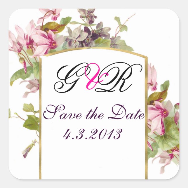 ROMANTİCA MONOGRAM / PINK CYCLAMENS SAVE THE DATE SQUARE STICKER (Front)