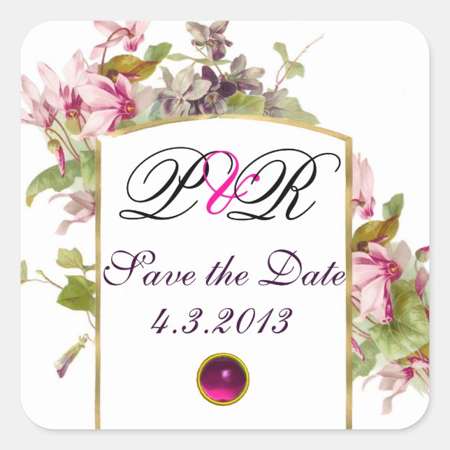 ROMANTİCA MONOGRAM / PINK CYCLAMENS SAVE THE DATE SQUARE STICKER (Front)
