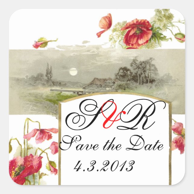 ROMANTİCA MONOGRAM / RED POPPIES SAVE THE DATE SQUARE STICKER (Front)