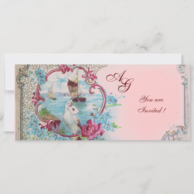 ROMANTICA  MONOGRAM, red white blue pink Invitation (Front)