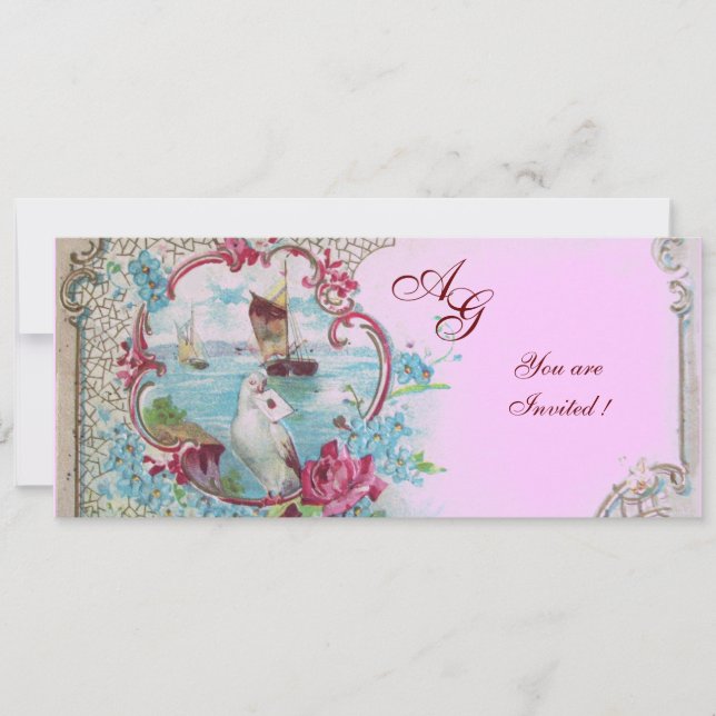 ROMANTICA  MONOGRAM, red white blue pink Invitation (Front)