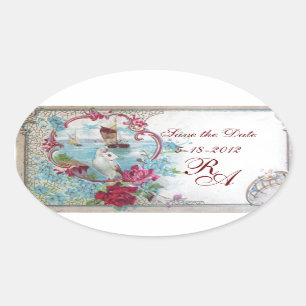 ROMANTICA MONOGRAM,Save the Date,White Oval Sticker