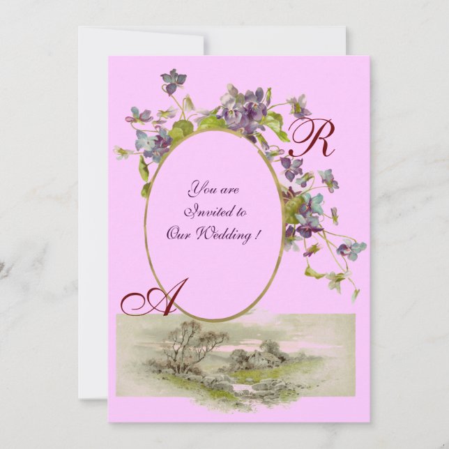 ROMANTİCA MONOGRAM / VIOLETS, green purple,pink Invitation (Front)