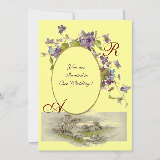 ROMANTİCA MONOGRAM / VIOLETS, green purple, yellow Invitation (Front)