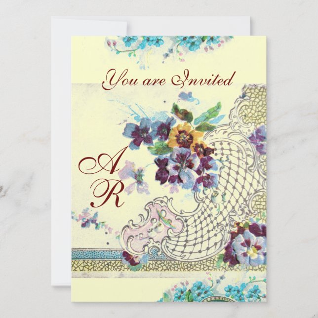 ROMANTİCA Pink Blue Silver Floral Wedding Monogram Invitation (Front)
