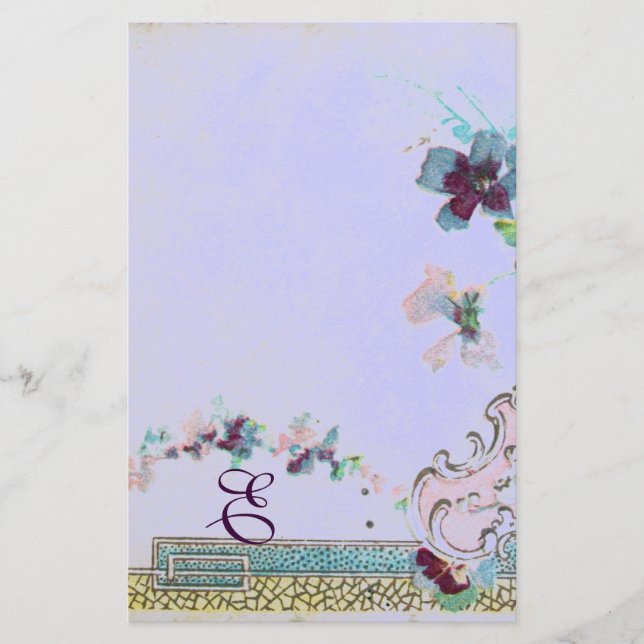 ROMANTİCA Pink Blue Wedding Floral Monogram Stationery (Front)