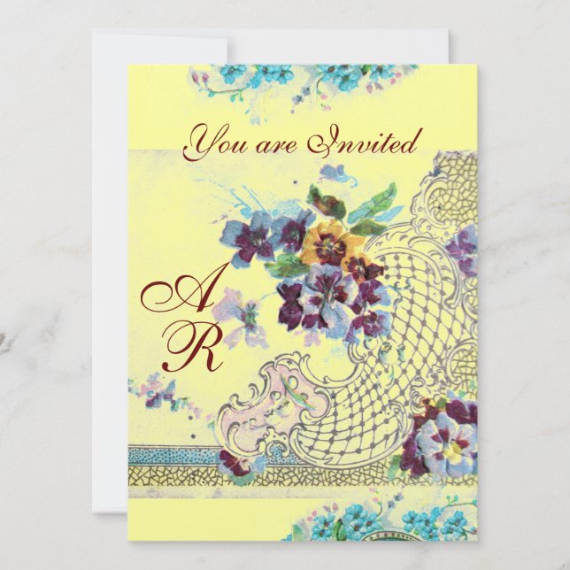ROMANTICA Pink Blue Yellow Floral Wedding Monogram Invitation (Front)