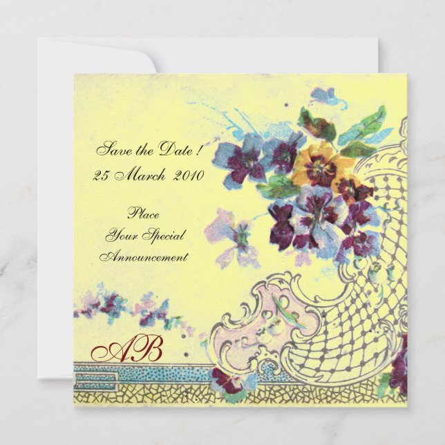 ROMANTICA Pink Blue Yellow Floral Wedding Monogram Invitation (Front)
