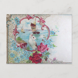 ROMANTICA /ROSES,BLUE FLOWERS,DOVE WITH LETTER POSTCARD