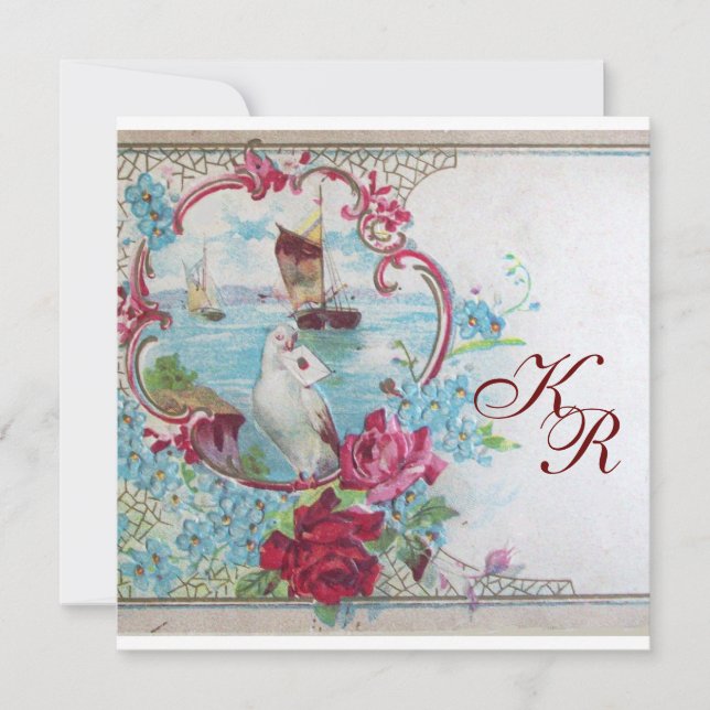 ROMANTİCA/WHITE DOVE,ROSES FLORAL WEDDING MONOGRAM ANNOUNCEMENT (Front)
