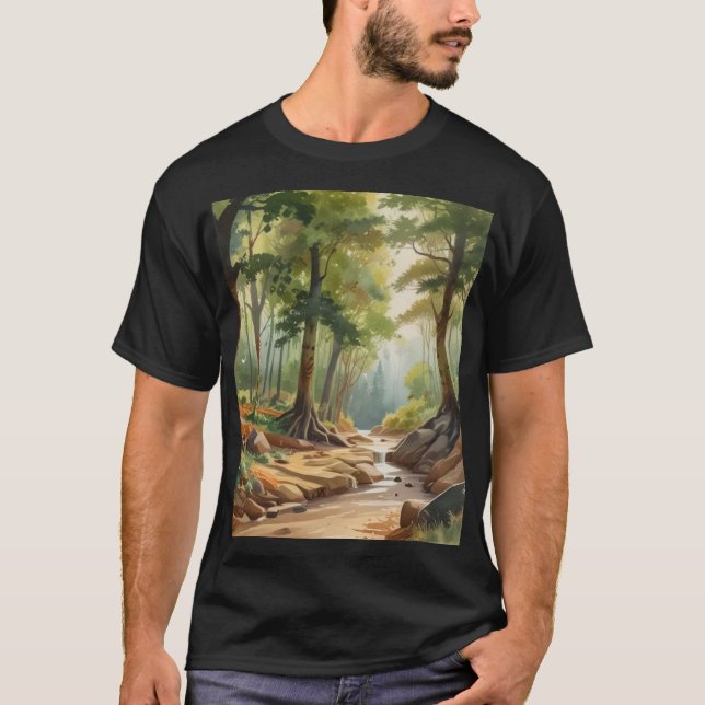 Romanticism Landscape watercolor painting trees  T-Shirt (Front)