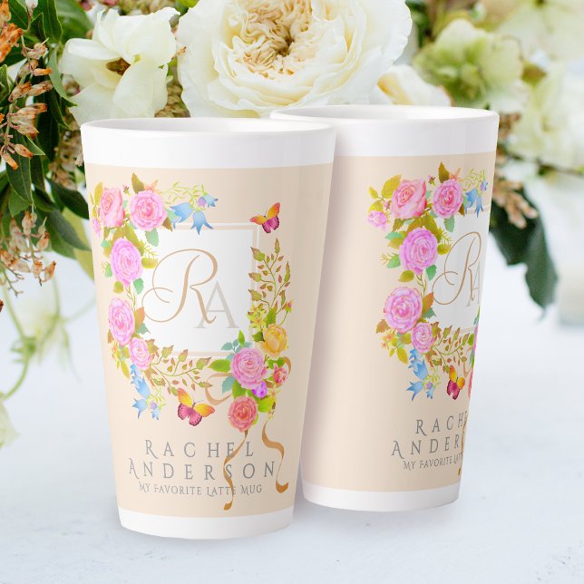 Romantics Blooming Garden Monogram Beige Latte Mug (Elegant romantic flowers monogram design.)