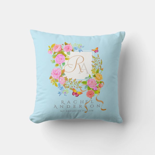 Romantics Blooming Garden Monogram Blue Cushion (Front)