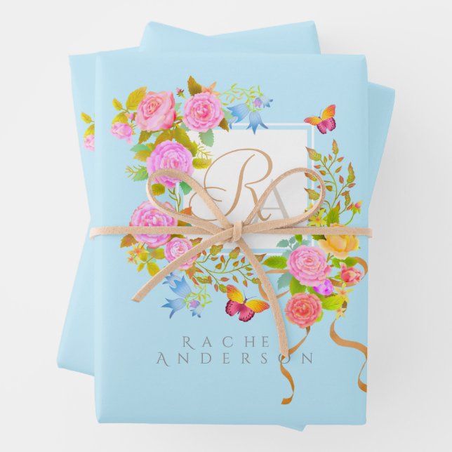 Romantics Blooming Garden Monogram Blue  Wrapping Paper Sheet (In situ)