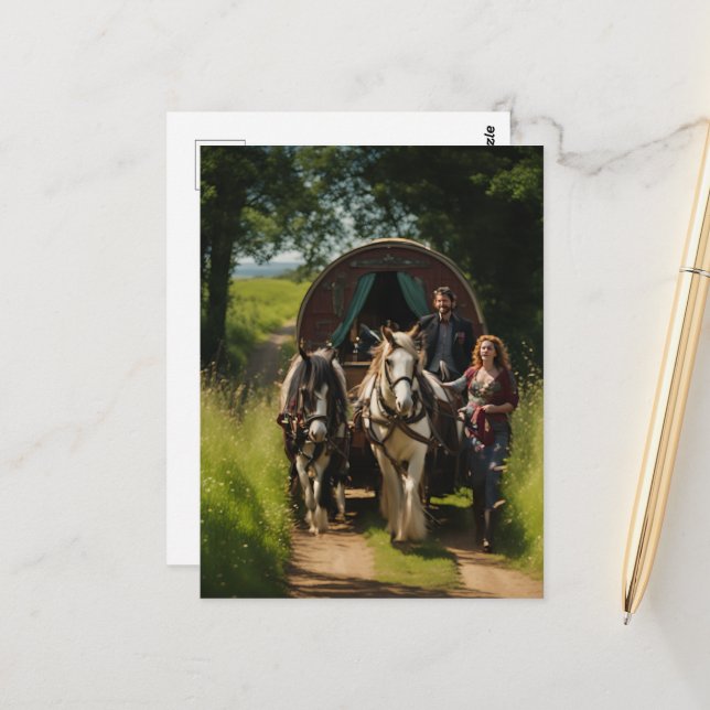 Romany Gypsy Caravan with Woman Leading the Horses Postcard (Front/Back In Situ)