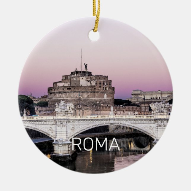Rome Castel Sant'Angelo Bridge Sunset Panorama Lug Ceramic Tree Decoration (Front)