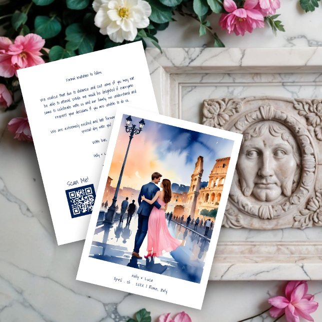 Rome Coliseum Colorful Cityscape Wedding Couple Save The Date (Rome Coliseum Colorful Cityscape Wedding Couple Illustration Save the Dates Cards.)