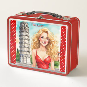 Rome Holiday, Piza Tower and Woman in Red Metal Lunch Box