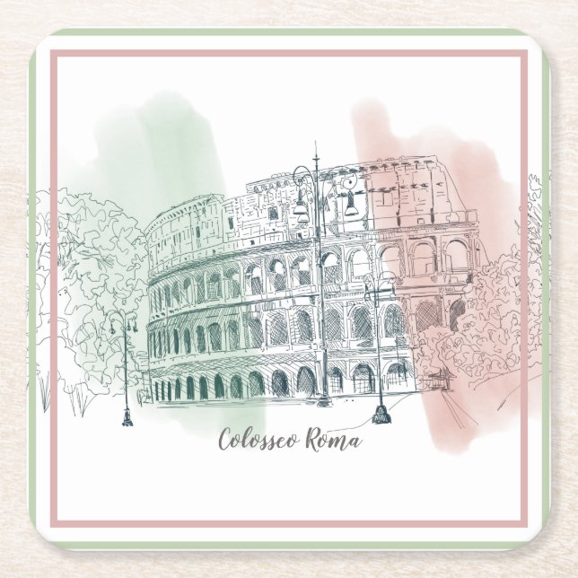 Rome Italy Colosseum and Italy Flag Colours Sketch Square Paper Coaster (Front)