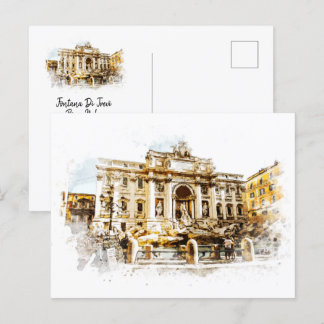 ROME Italy Trevi Fountain Watercolor Painting Roma Postcard