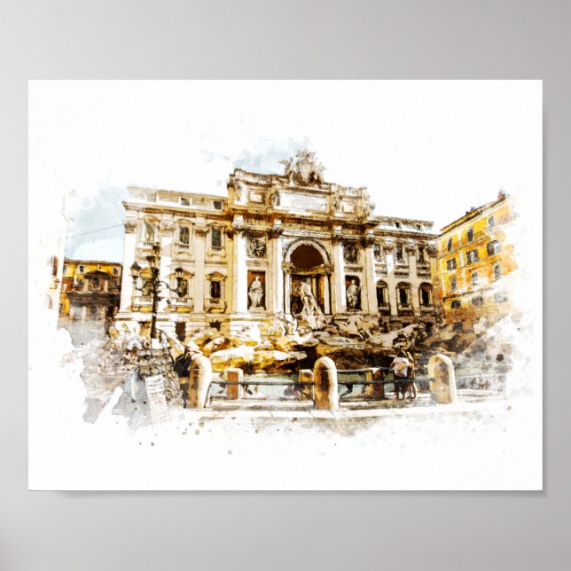 ROME Italy Trevi Fountain Watercolor Painting Roma Poster (Front)