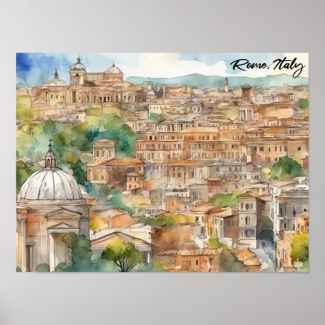 Rome Italy Watercolor Painting Panorama View Poster (Front)
