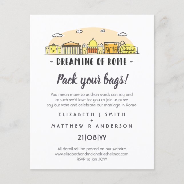 ROME Skyline Wedding Handdrawn Budget Invitations (Front)