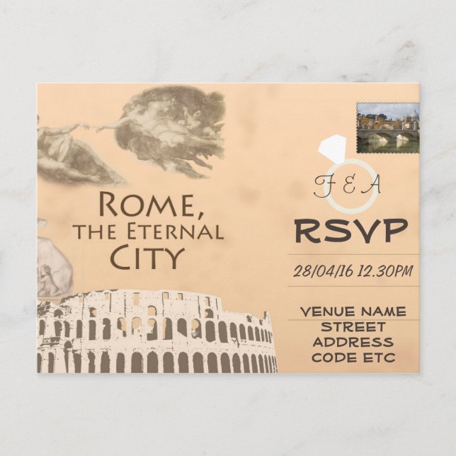 Rome Themed Wedding RSVP Invitation with Photo Postcard (Front)