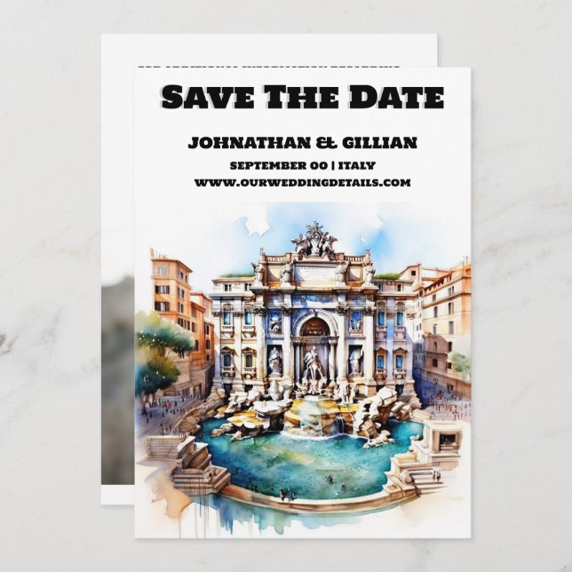 Rome wedding save the date trevi fountain chic (Front/Back)