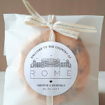 Rome Wedding | Welcome Favour Classic Round Sticker<br><div class="desc">Enhance your wedding welcome packages or event party favours with a custom set of welcome stickers! These elegant yet minimal-style stickers are tailored for a wedding taking place in the beautiful city of Rome, Italy. They feature a modern deco skyline with the name of the city integrated underneath. All elements...</div>
