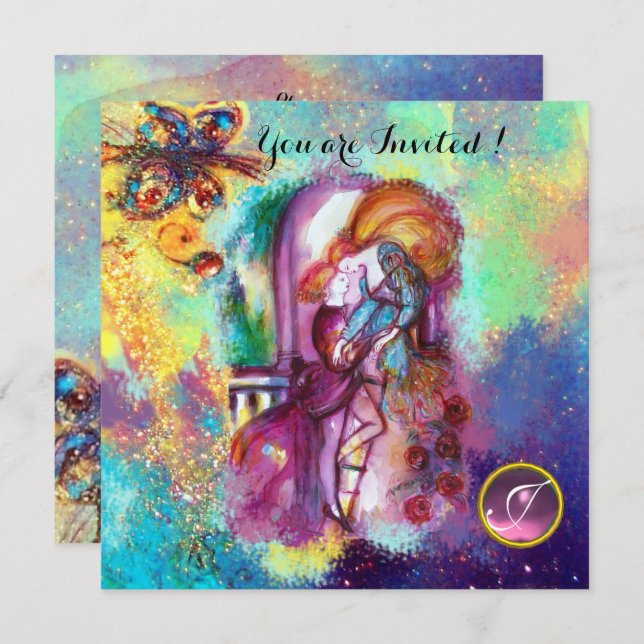 ROMEO AND JULIET Floral Blue Gold Sparkles Invitation (Front/Back)