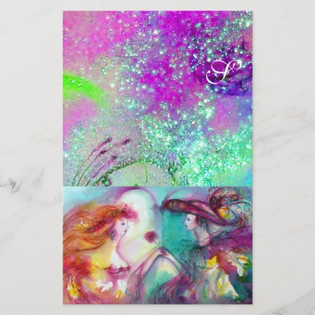 ROMEO AND JULIET,PURPLE TEAL BLUE GOLD SPARKLES STATIONERY (Front)