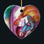 ROMEO AND JULIET Romantic Valentines's Day Ceramic Tree Decoration<br><div class="desc">Balcony scene from Romeo and Juilet  tragedy by William Shakespeare .Original contemporary watercolor painting with golden foil and iridescent colours in bright purple , pink, green, yellow orange ,  teal, turquase,  white ..Painting by Bulgan Lumini (c)</div>