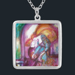 ROMEO AND JULIET Romantic Valentines's Day Silver Plated Necklace<br><div class="desc">Balcony scene from Romeo and Juilet  tragedy by William Shakespeare .Original contemporary watercolor painting with golden foil and iridescent colours in bright purple , pink, green, yellow orange ,  teal, turquase,  white ..Painting by Bulgan Lumini (c)</div>