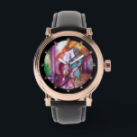 ROMEO AND JULIET Romantic Valentines's Day Watch<br><div class="desc">Balcony scene from Romeo and Juilet  tragedy by William Shakespeare .Original contemporary watercolor painting with golden foil and iridescent colours in bright purple , pink, green, yellow orange ,  teal, turquase,  white ..Painting by Bulgan Lumini (c)</div>