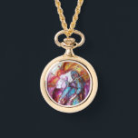 ROMEO AND JULIET Romantic Valentines's Day Watch<br><div class="desc">Balcony scene from Romeo and Juilet  tragedy by William Shakespeare .Original contemporary watercolor painting with golden foil and iridescent colours in bright purple , pink, green, yellow orange ,  teal, turquase,  white ..Painting by Bulgan Lumini (c)</div>