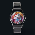 ROMEO AND JULIET Romantic Valentines's Day Watch<br><div class="desc">Balcony scene from Romeo and Juilet  tragedy by William Shakespeare .Original contemporary watercolor painting with golden foil and iridescent colours in bright purple , pink, green, yellow orange ,  teal, turquase,  white ..Painting by Bulgan Lumini (c)</div>