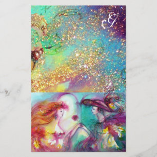 ROMEO AND JULIET,TEAL BLUE GOLD SPARKLES MONOGRAM STATIONERY